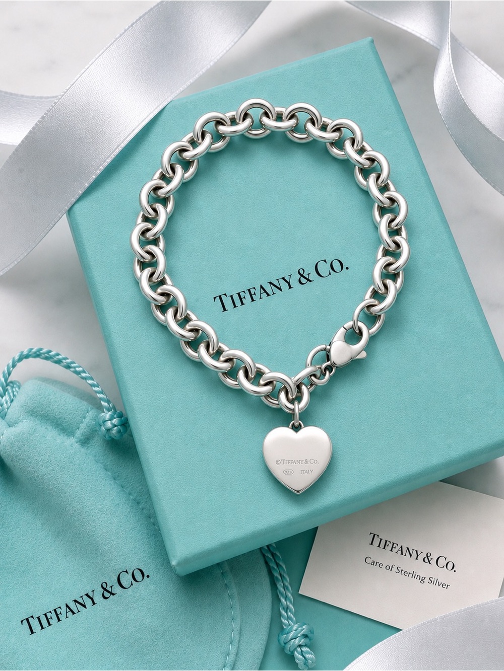 Tiffany & Co. Vintage Heart Locket Charm Bracelet Sterling Silver 7.75” 25g